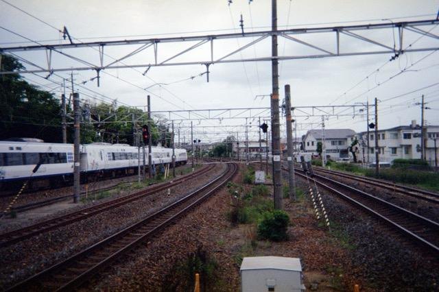 Film photo: rail lines and a passing train
